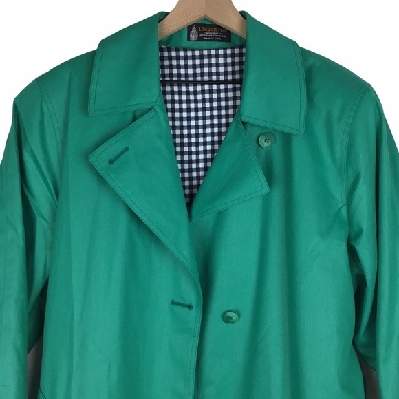 LONDON FOG Trench Coat Classic Gingham Lining Green Navy Petite Plus Size 14P - Picture 4 of 10